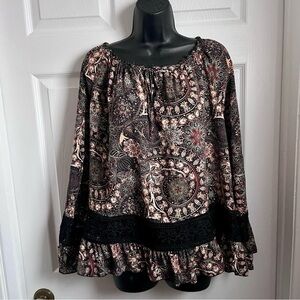 Z One Blouse Boho bell sleeves Women Large / XL Black Pink v-neck bohemian 70’